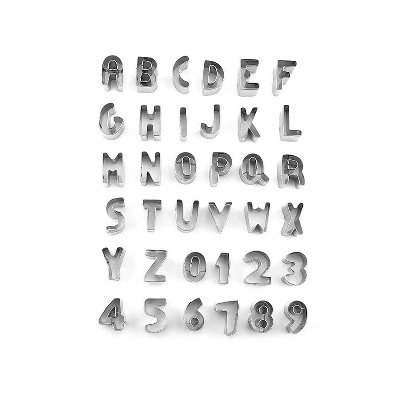 36-частен комплект форми за сладки с букви и цифри, от неръждаема стомана, блистер опаковка, за печене