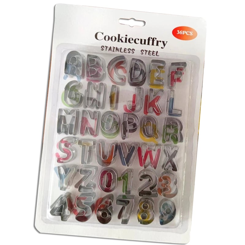 36-частен комплект форми за сладки с букви и цифри, от неръждаема стомана, блистер опаковка, за печене