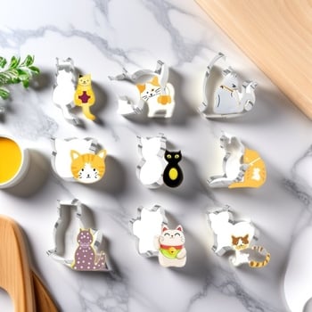 Комплект котешки форми за сладки от неръждаема стомана – 9 части, неравна форма, за DIY печене