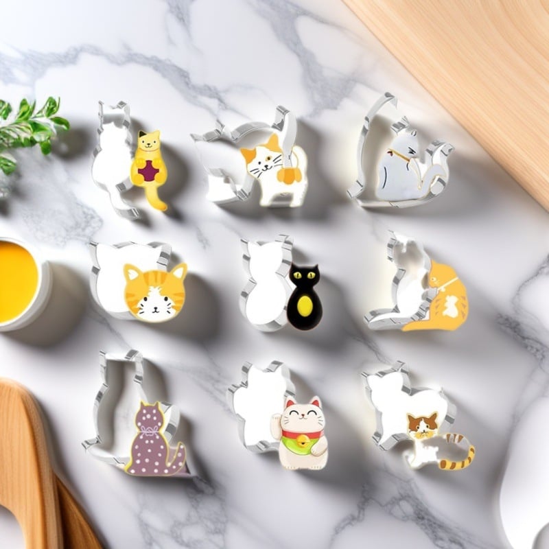 Комплект котешки форми за сладки от неръждаема стомана – 9 части, неравна форма, за DIY печене