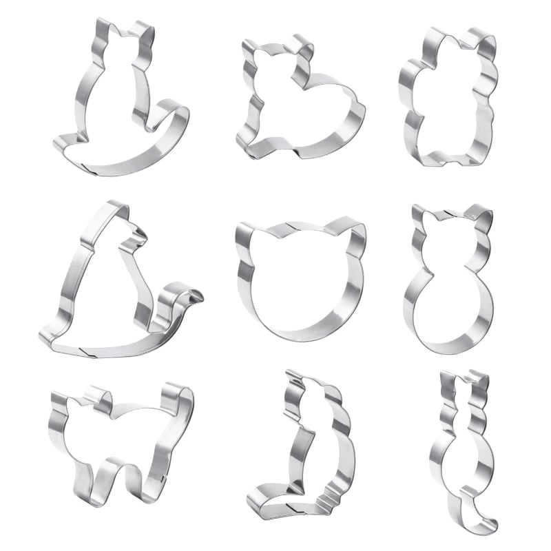 Комплект котешки форми за сладки от неръждаема стомана – 9 части, неравна форма, за DIY печене