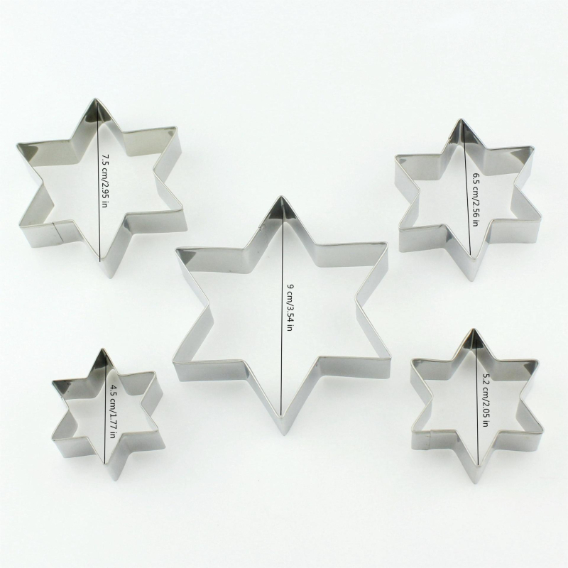 Комплект форми за сладки от неръждаема стомана, шестоъгълна звезда, 5 части, за фондан и украса на торти