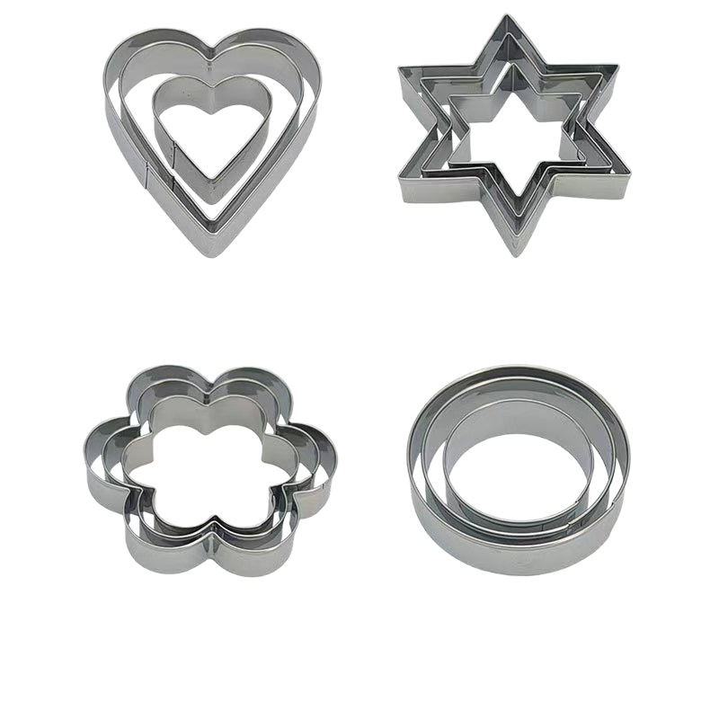 Комплект форми за сладкиши от неръждаема стомана, 12 части, звезда, цвете, кръг и сърце — BT144