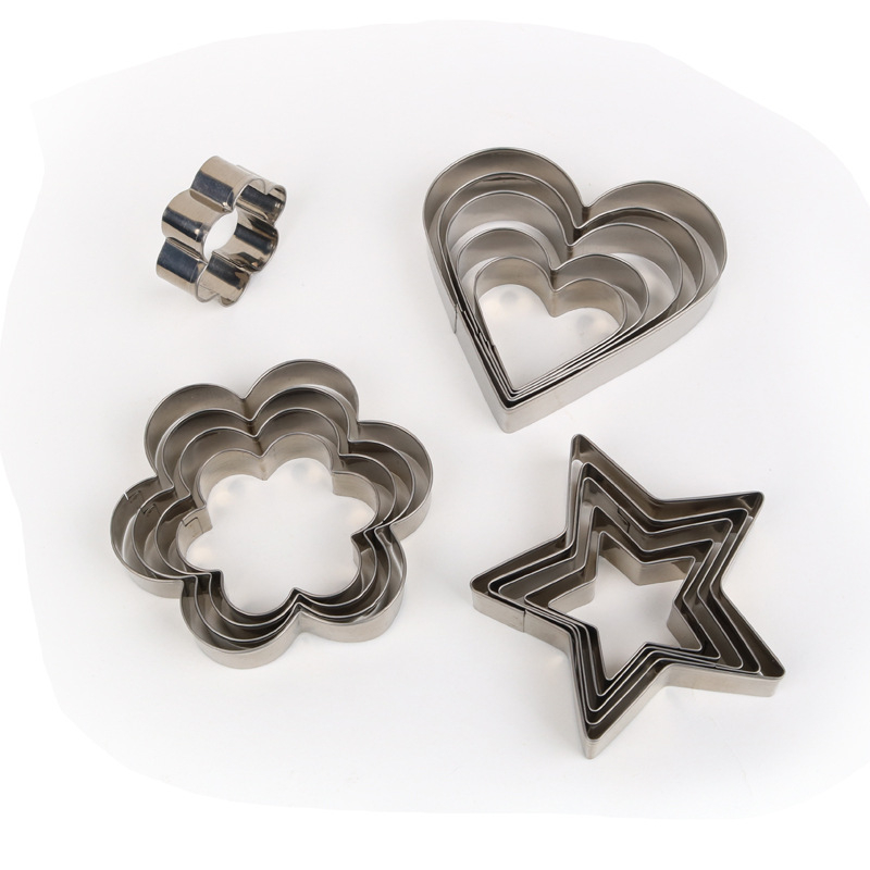 5-частен комплект форми за печиво от неръждаема стомана: кръг, сърце, звезда, цвете и кръгла форма