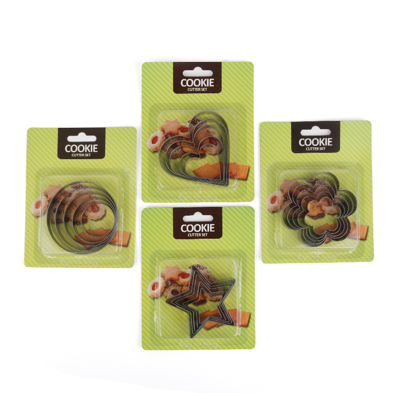 5-частен комплект форми за печиво от неръждаема стомана: кръг, сърце, звезда, цвете и кръгла форма