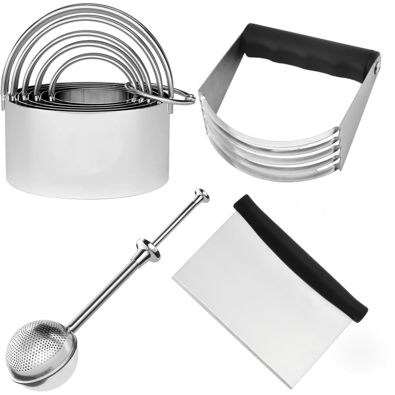 Set de 6 forme pentru biscuiți din oțel inox, cu sită de făină, formă rotundă, stil minimalist modern