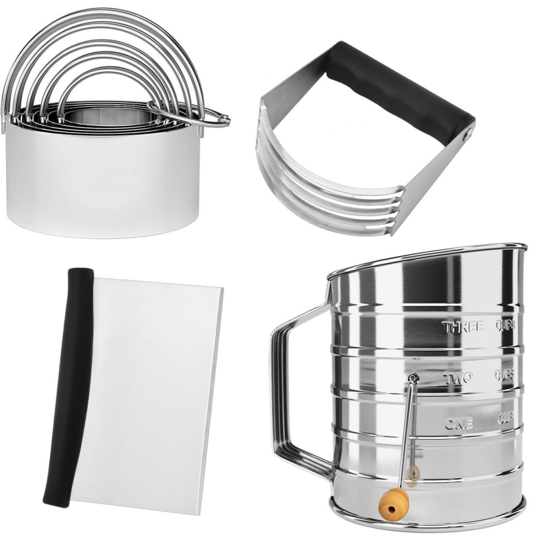 Set de 6 forme pentru biscuiți din oțel inox, cu sită de făină, formă rotundă, stil minimalist modern