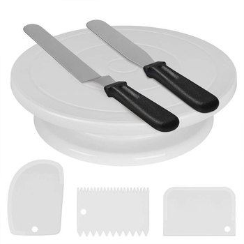 Set rotativ pentru prăjituri, 6 piese, anti-alunecare, din oțel inoxidabil, cu spatulă pentru cremă și unelte de decorare