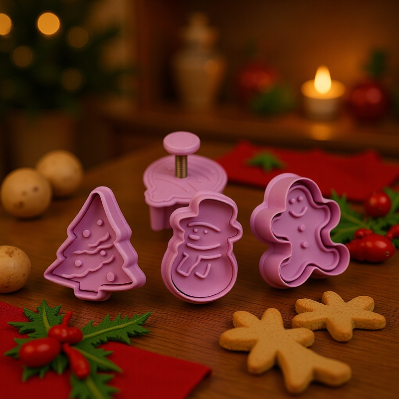 3D PP plastični kalupi za kekse s opružnim pritiskom – oblici gingerbread man, snowman, Christmas tree i bell (okrugli) – serija Christmas cookie cutter