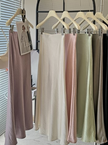 мерсеризиран полиестер, пола с рибена опашка, дълга, едноцветен модел, пролет 2025