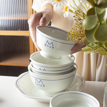 Японски стил керамична купа за ориз с котешки мотив под глазура, кръгла форма, узор 69850, копринени цветя, универсален стил