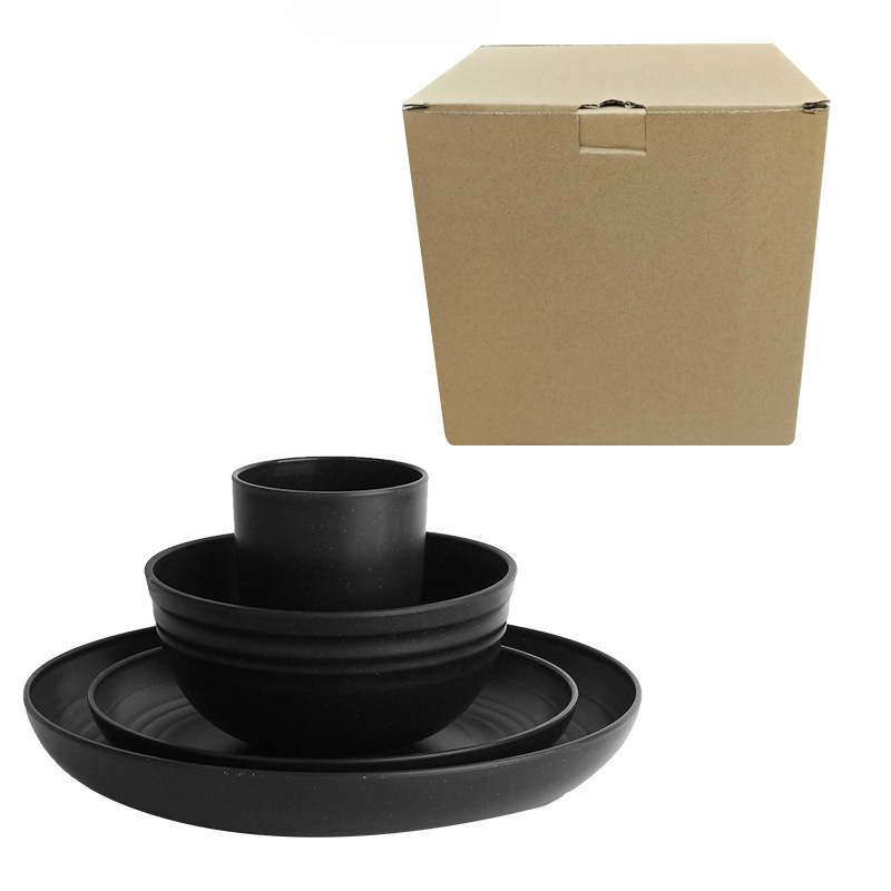 Set posuđa od slame pšenice: moderni minimalistički stil, moguć ispis logotipa, kartonsko pakiranje, sadrži tanjure, zdjele i čaše