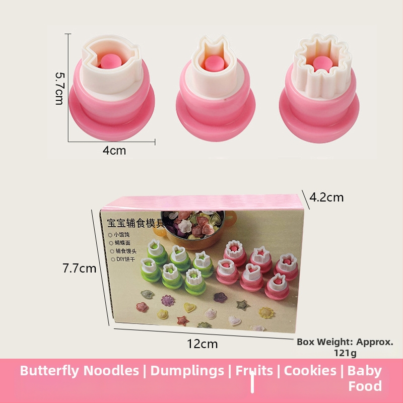 DIY forma na detské knedličky s reliéfnym motívom motýľa a huby, nerezová oceľ, kruhový tvar