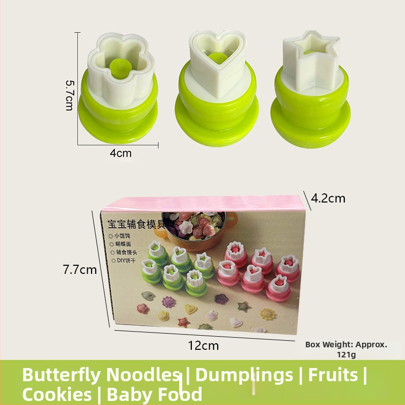 DIY forma na detské knedličky s reliéfnym motívom motýľa a huby, nerezová oceľ, kruhový tvar