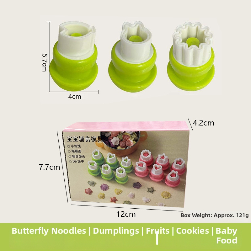 DIY forma na detské knedličky s reliéfnym motívom motýľa a huby, nerezová oceľ, kruhový tvar