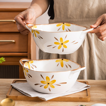 Porcelanska zdjela za juhu s ručno oslikanim cvjetnim uzorkom, nepravilnog oblika, pogodna za mikrovalnu pećnicu, otisnut logotip