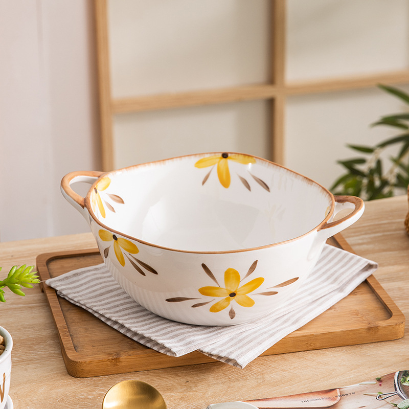 Porcelanska zdjela za juhu s ručno oslikanim cvjetnim uzorkom, nepravilnog oblika, pogodna za mikrovalnu pećnicu, otisnut logotip