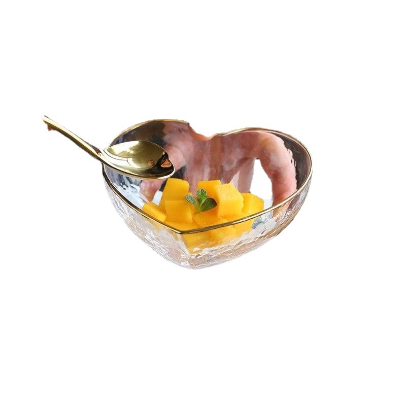 Сърцевидна купа от кристално стъкло за плодова салата и десерти, златен ръб, персонализирано лого, готова за подарък