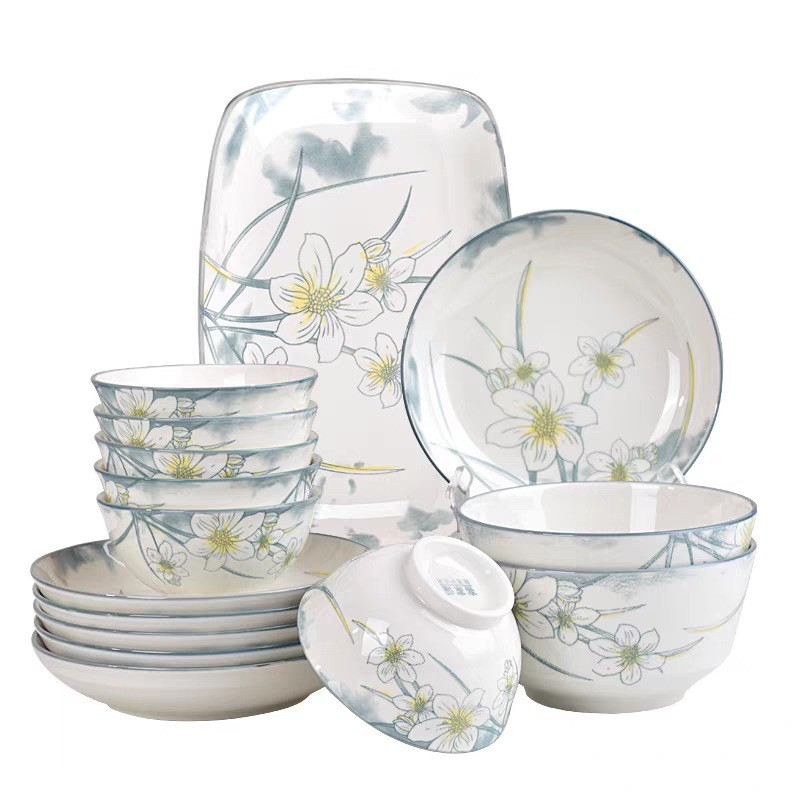 Flower Branch Set keramičkih zdjela i tanjura, glazirana šarena keramika, bijeli porcelan za kućnu uporabu