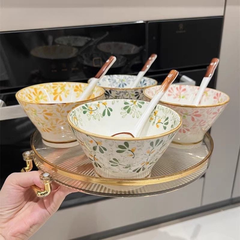 Set od četiri zdjelice za rižu u japanskom stilu Doucai, keramički, za kućnu upotrebu (Materijal: keramika; Uzorak: višestruki; Površina: pod glazuru)