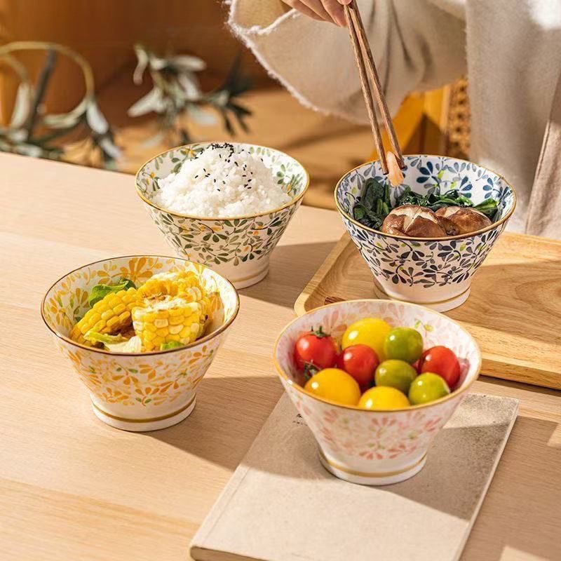Set od četiri zdjelice za rižu u japanskom stilu Doucai, keramički, za kućnu upotrebu (Materijal: keramika; Uzorak: višestruki; Površina: pod glazuru)