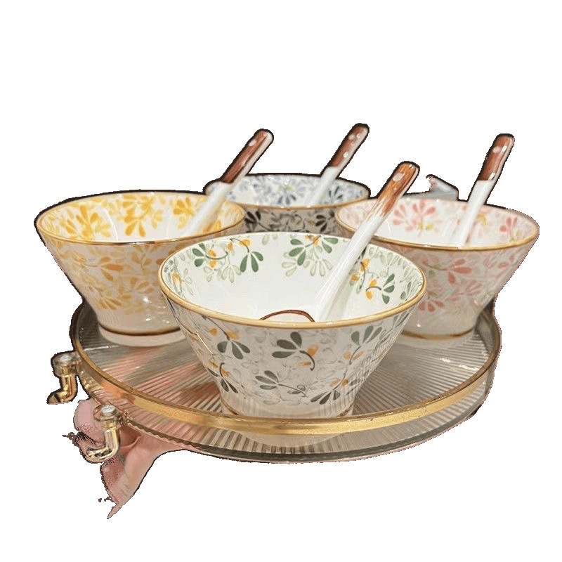 Set od četiri zdjelice za rižu u japanskom stilu Doucai, keramički, za kućnu upotrebu (Materijal: keramika; Uzorak: višestruki; Površina: pod glazuru)