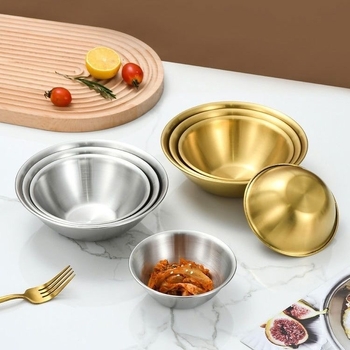 Неръждаема стоманена купа, корейски стил, кръгла, подходяща за микровълнова, повърхност с позлатено покритие