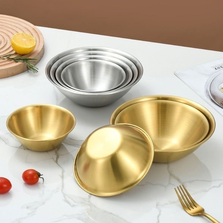 Неръждаема стоманена купа, корейски стил, кръгла, подходяща за микровълнова, повърхност с позлатено покритие