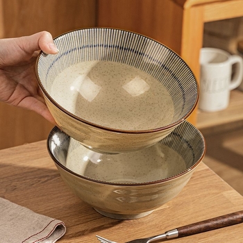 Japanski stil keramička zdjela za rezance, ramen zdjela, retro dizajn, kružni oblik, promjer 19–19,9 cm, mikrovalna sigurnost, ručno oslikani prugasti uzorak, vrhunski porculan, novi model 2025