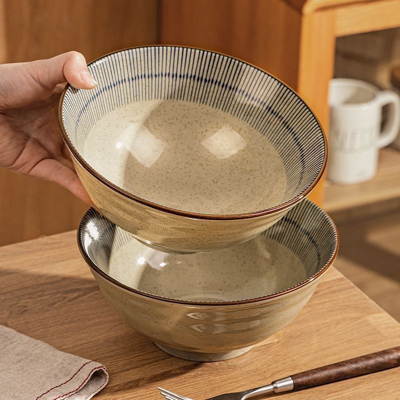 Japanski stil keramička zdjela za rezance, ramen zdjela, retro dizajn, kružni oblik, promjer 19–19,9 cm, mikrovalna sigurnost, ručno oslikani prugasti uzorak, vrhunski porculan, novi model 2025