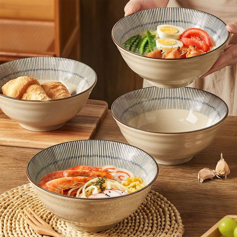 Japanski stil keramička zdjela za rezance, ramen zdjela, retro dizajn, kružni oblik, promjer 19–19,9 cm, mikrovalna sigurnost, ručno oslikani prugasti uzorak, vrhunski porculan, novi model 2025