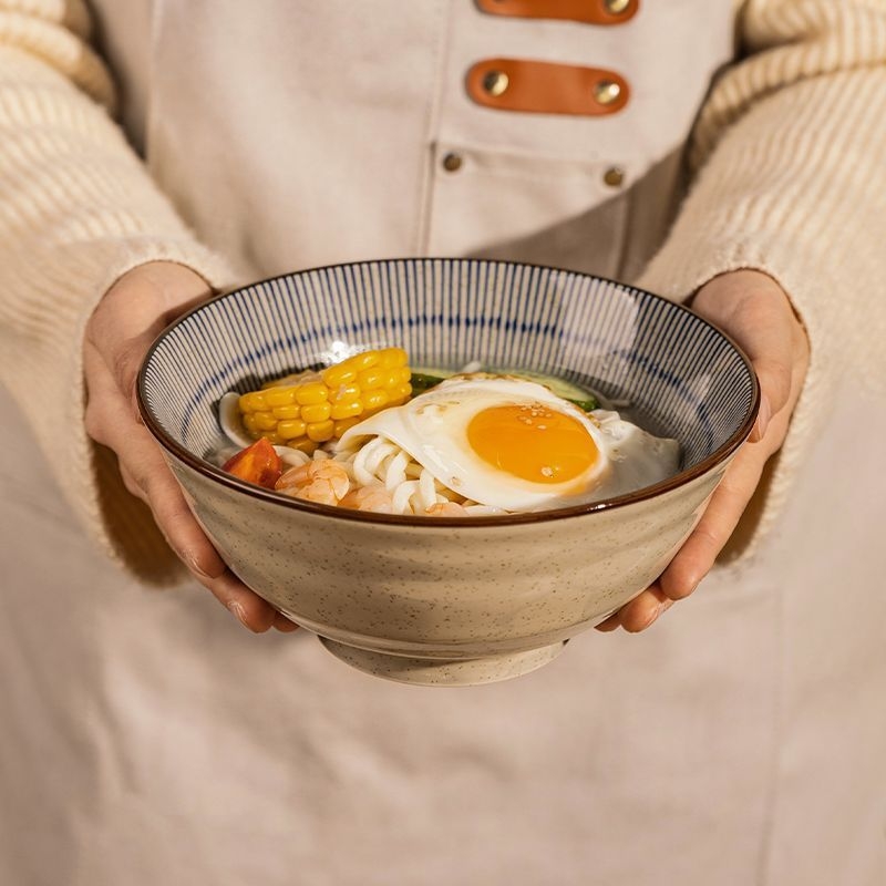 Japanski stil keramička zdjela za rezance, ramen zdjela, retro dizajn, kružni oblik, promjer 19–19,9 cm, mikrovalna sigurnost, ručno oslikani prugasti uzorak, vrhunski porculan, novi model 2025