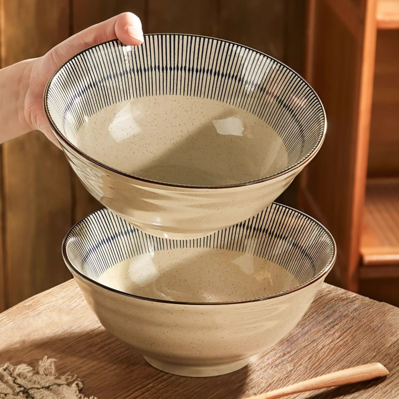 Japanski stil keramička zdjela za rezance, ramen zdjela, retro dizajn, kružni oblik, promjer 19–19,9 cm, mikrovalna sigurnost, ručno oslikani prugasti uzorak, vrhunski porculan, novi model 2025
