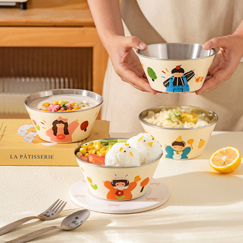 Детска купичка за хранене от 304 неръждаема стомана, анти изпускане, кръгла форма, карикатурен дизайн, сладък стил