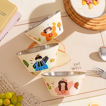 Детска купичка за хранене от 304 неръждаема стомана, анти изпускане, кръгла форма, карикатурен дизайн, сладък стил