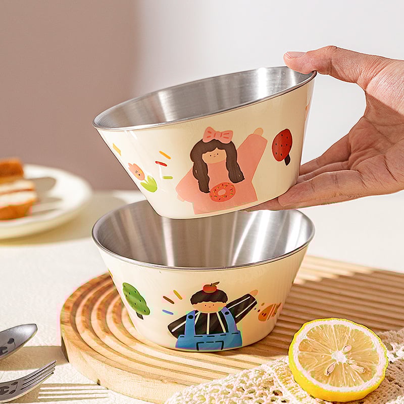 Детска купичка за хранене от 304 неръждаема стомана, анти изпускане, кръгла форма, карикатурен дизайн, сладък стил