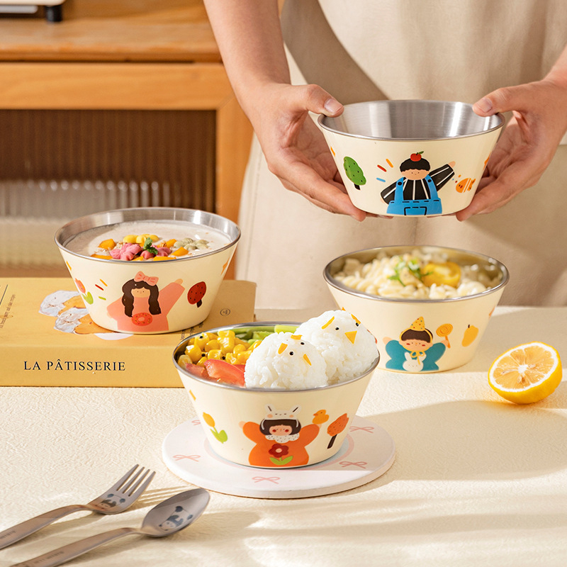 Детска купичка за хранене от 304 неръждаема стомана, анти изпускане, кръгла форма, карикатурен дизайн, сладък стил