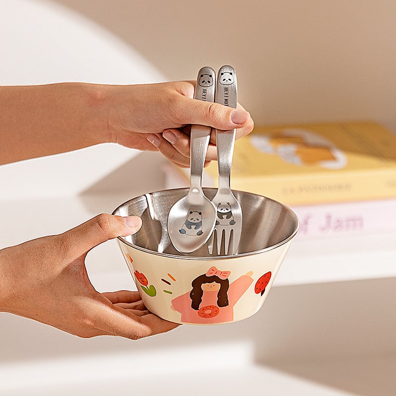 Детска купичка за хранене от 304 неръждаема стомана, анти изпускане, кръгла форма, карикатурен дизайн, сладък стил