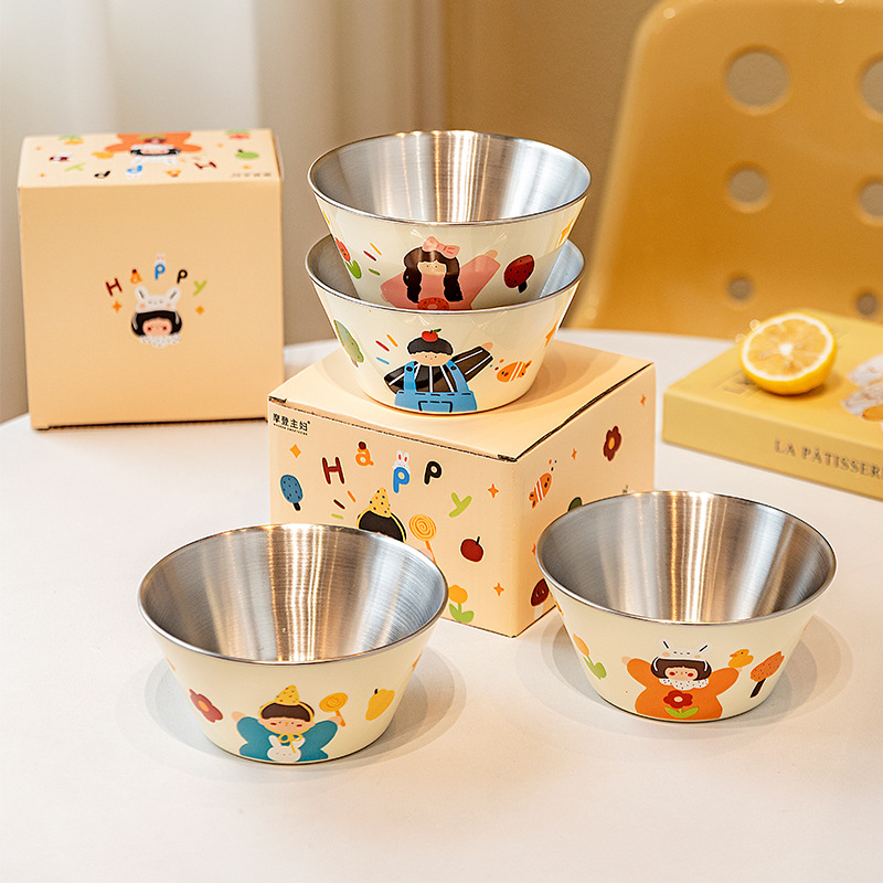 Детска купичка за хранене от 304 неръждаема стомана, анти изпускане, кръгла форма, карикатурен дизайн, сладък стил