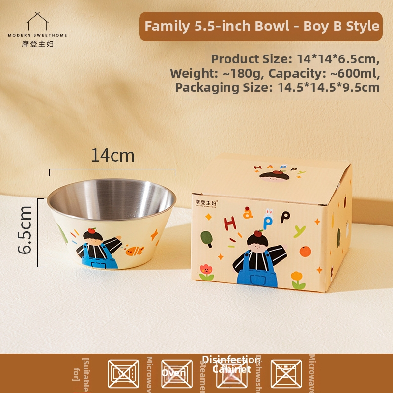 Детска купичка за хранене от 304 неръждаема стомана, анти изпускане, кръгла форма, карикатурен дизайн, сладък стил