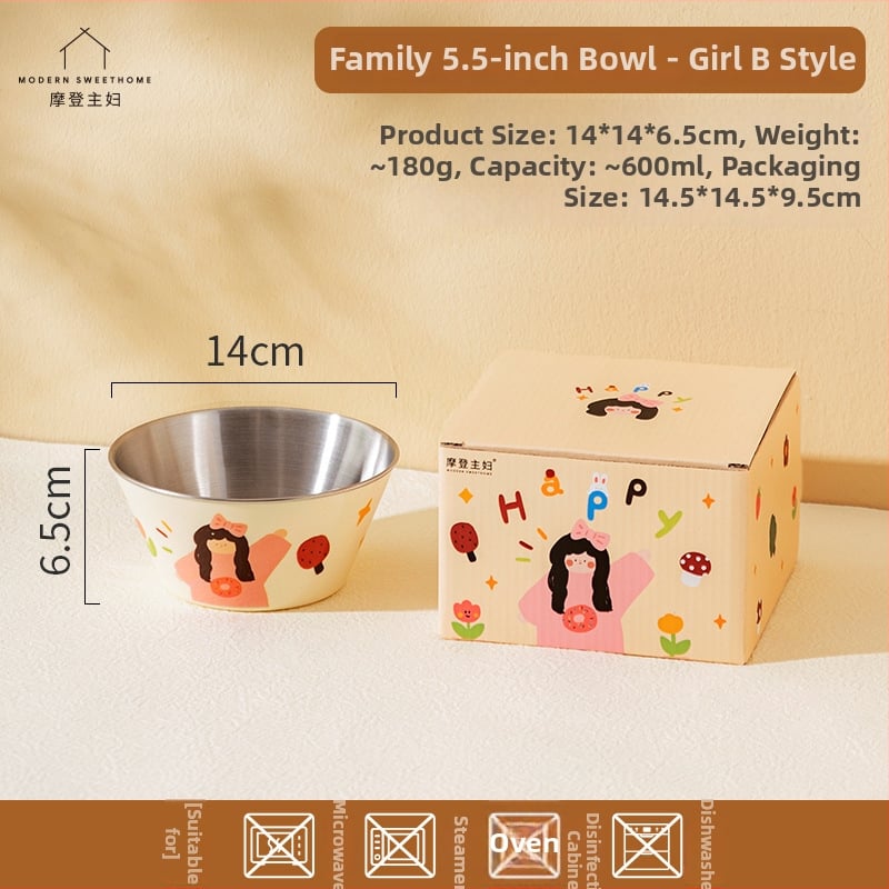 Детска купичка за хранене от 304 неръждаема стомана, анти изпускане, кръгла форма, карикатурен дизайн, сладък стил