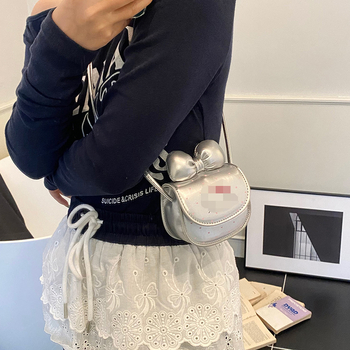 Geantă pentru copii crossbody cu imprimeu pisică și funda, mini portofel — piele PU, căptușeală din piele sintetică, model animal, pentru fete