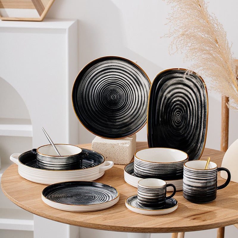 Керамичен комплект съдове за хранене: чинии, тава за печене, купички за супа и чаши за кафе — ръчна изработка, капацитет по поръчка, скандинавски стил, код Zws163