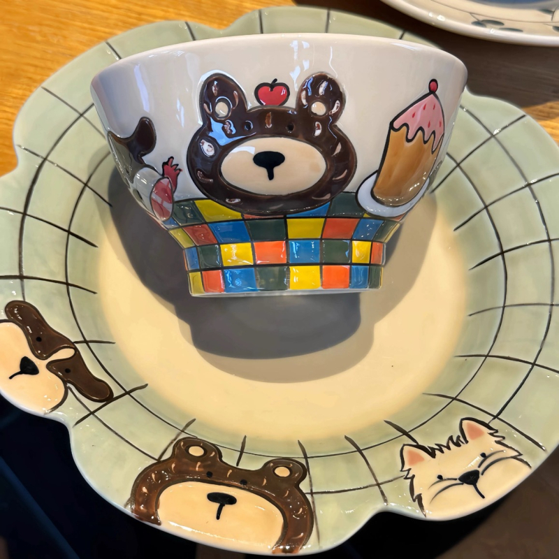Porcelanska zdjela s ručno oslikanim podglazurnim medvjedom, korejskog stila, okrugla, pogodna za mikrovalnu