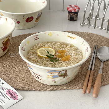 Vas din porțelan multifuncțional, compatibil cu microundele, cu model cartoon, formă Kui Kou, finisaj decal la temperaturi înalte