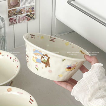 Vas din porțelan multifuncțional, compatibil cu microundele, cu model cartoon, formă Kui Kou, finisaj decal la temperaturi înalte