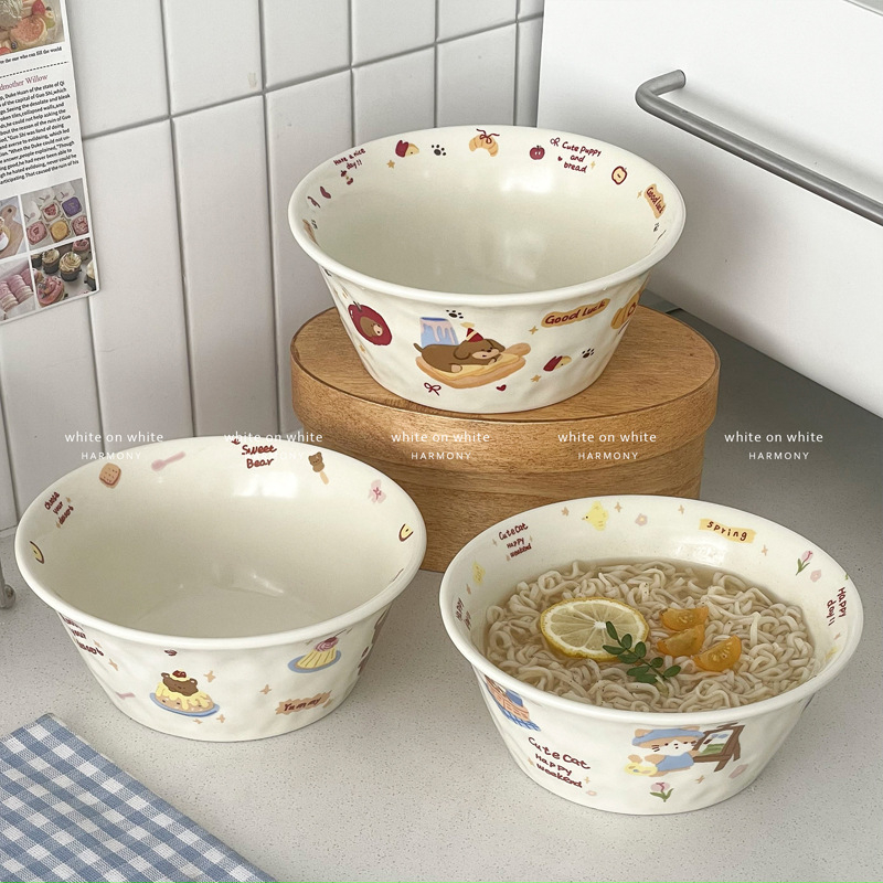 Vas din porțelan multifuncțional, compatibil cu microundele, cu model cartoon, formă Kui Kou, finisaj decal la temperaturi înalte