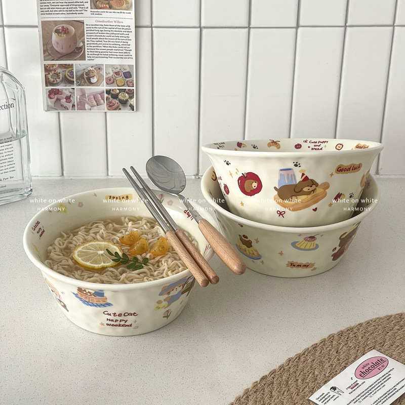 Vas din porțelan multifuncțional, compatibil cu microundele, cu model cartoon, formă Kui Kou, finisaj decal la temperaturi înalte