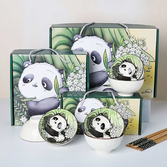 Panda keramički set zdjela i štapića za jelo, karikaturni uzorak, sladak stil, pod glazurom, pogodno za mikrovalnu