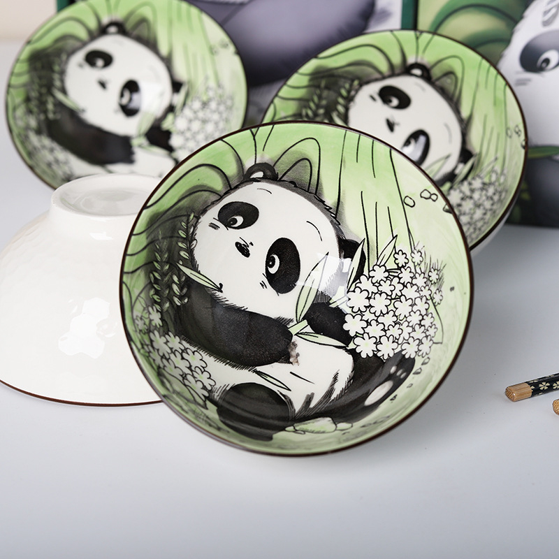 Panda keramički set zdjela i štapića za jelo, karikaturni uzorak, sladak stil, pod glazurom, pogodno za mikrovalnu